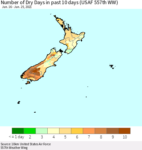 New Zealand Number of Dry Days in past 10 days (USAF 557th WW) Thematic Map For 6/21/2021 - 6/25/2021