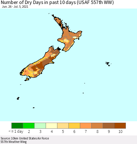 New Zealand Number of Dry Days in past 10 days (USAF 557th WW) Thematic Map For 7/1/2021 - 7/5/2021