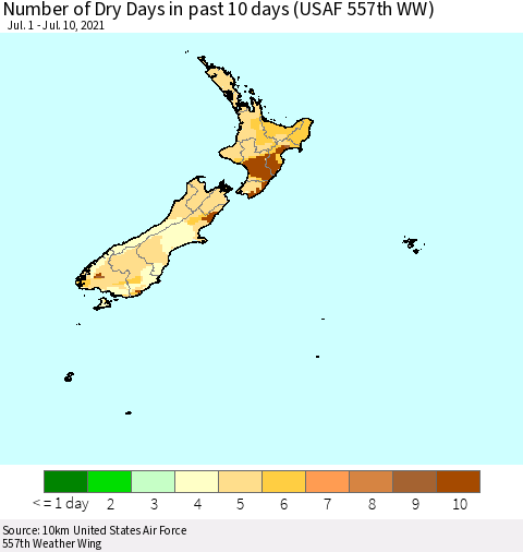 New Zealand Number of Dry Days in past 10 days (USAF 557th WW) Thematic Map For 7/6/2021 - 7/10/2021