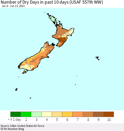 New Zealand Number of Dry Days in past 10 days (USAF 557th WW) Thematic Map For 7/11/2021 - 7/15/2021