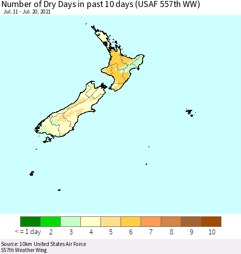 New Zealand Number of Dry Days in past 10 days (USAF 557th WW) Thematic Map For 7/16/2021 - 7/20/2021