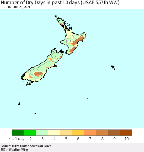New Zealand Number of Dry Days in past 10 days (USAF 557th WW) Thematic Map For 7/21/2021 - 7/25/2021
