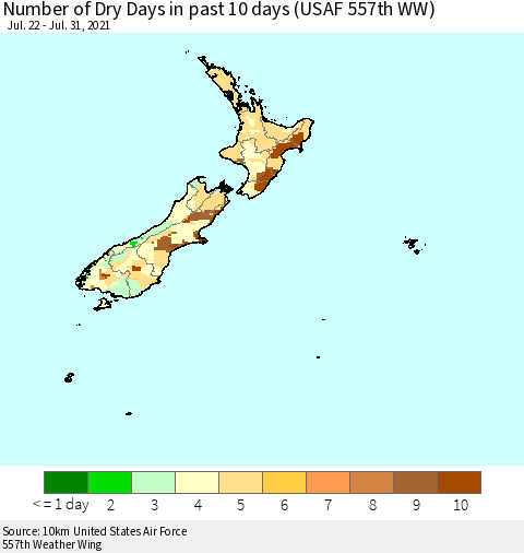 New Zealand Number of Dry Days in past 10 days (USAF 557th WW) Thematic Map For 7/26/2021 - 7/31/2021