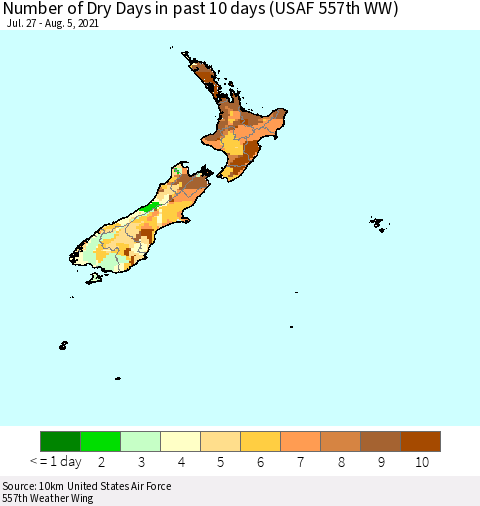 New Zealand Number of Dry Days in past 10 days (USAF 557th WW) Thematic Map For 8/1/2021 - 8/5/2021