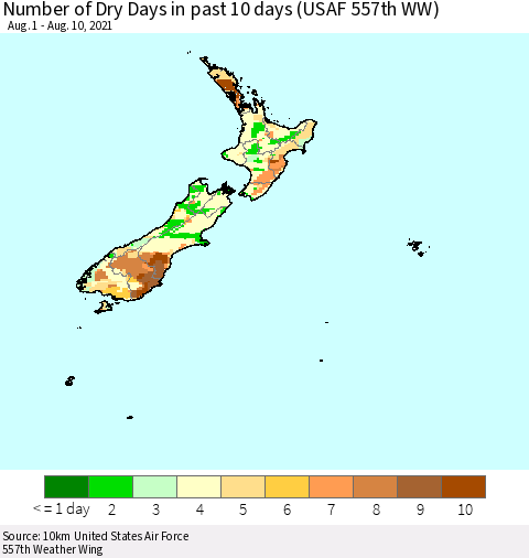 New Zealand Number of Dry Days in past 10 days (USAF 557th WW) Thematic Map For 8/6/2021 - 8/10/2021