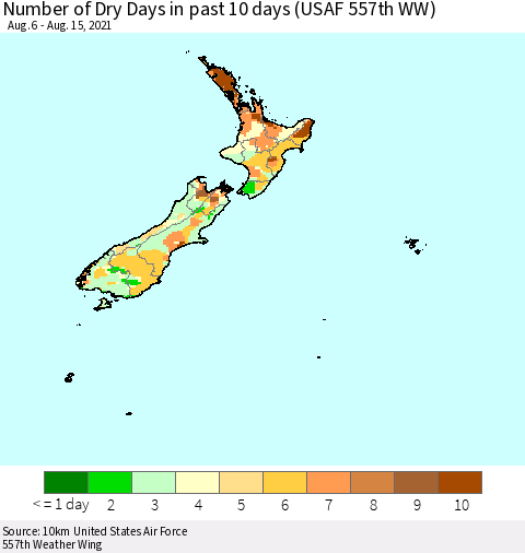 New Zealand Number of Dry Days in past 10 days (USAF 557th WW) Thematic Map For 8/11/2021 - 8/15/2021