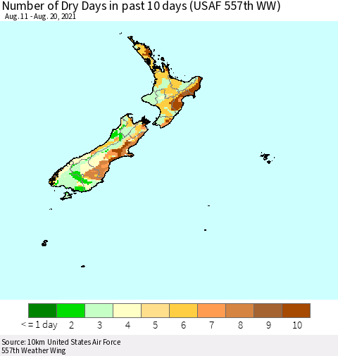 New Zealand Number of Dry Days in past 10 days (USAF 557th WW) Thematic Map For 8/16/2021 - 8/20/2021