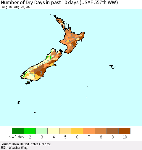 New Zealand Number of Dry Days in past 10 days (USAF 557th WW) Thematic Map For 8/21/2021 - 8/25/2021