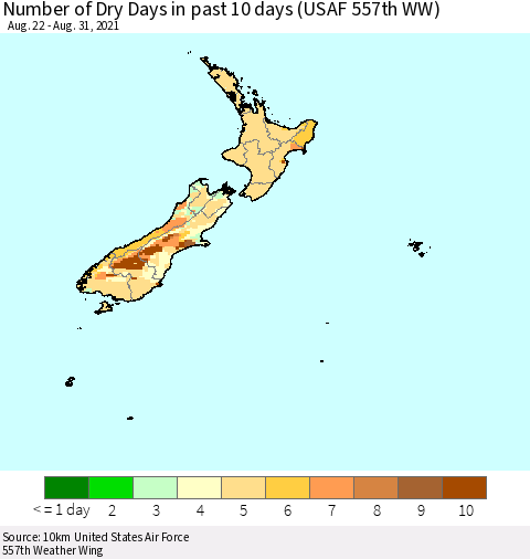 New Zealand Number of Dry Days in past 10 days (USAF 557th WW) Thematic Map For 8/26/2021 - 8/31/2021