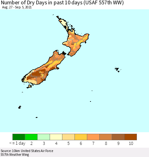 New Zealand Number of Dry Days in past 10 days (USAF 557th WW) Thematic Map For 9/1/2021 - 9/5/2021