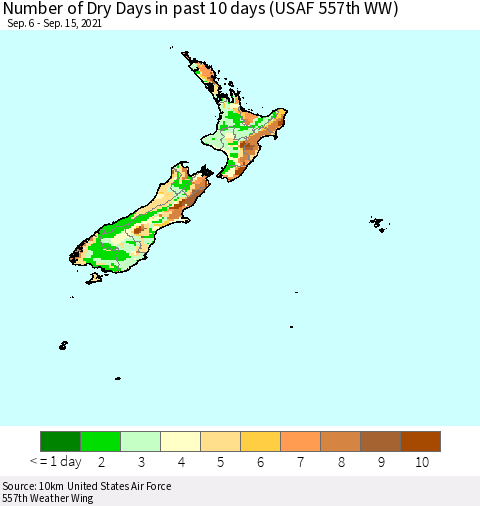 New Zealand Number of Dry Days in past 10 days (USAF 557th WW) Thematic Map For 9/11/2021 - 9/15/2021