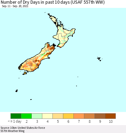 New Zealand Number of Dry Days in past 10 days (USAF 557th WW) Thematic Map For 9/16/2021 - 9/20/2021