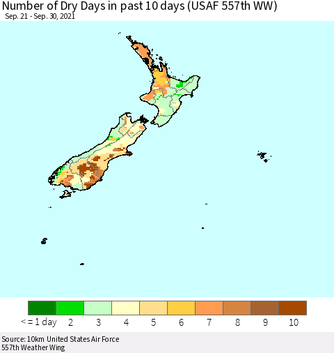 New Zealand Number of Dry Days in past 10 days (USAF 557th WW) Thematic Map For 9/26/2021 - 9/30/2021