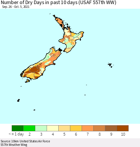 New Zealand Number of Dry Days in past 10 days (USAF 557th WW) Thematic Map For 10/1/2021 - 10/5/2021