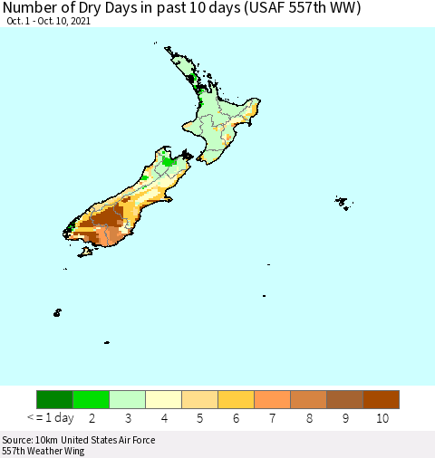 New Zealand Number of Dry Days in past 10 days (USAF 557th WW) Thematic Map For 10/6/2021 - 10/10/2021
