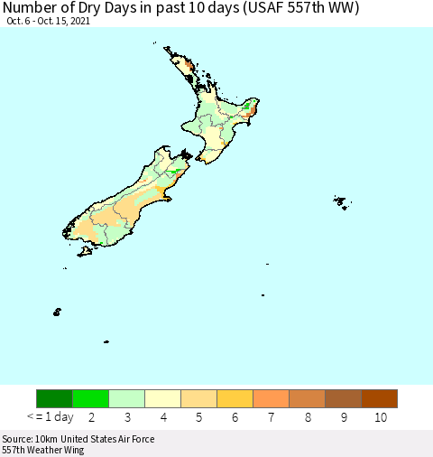 New Zealand Number of Dry Days in past 10 days (USAF 557th WW) Thematic Map For 10/11/2021 - 10/15/2021