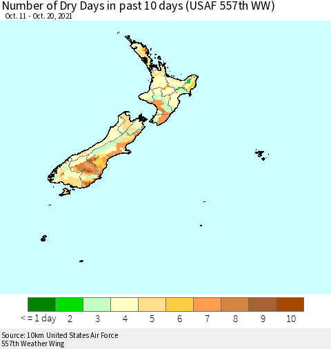 New Zealand Number of Dry Days in past 10 days (USAF 557th WW) Thematic Map For 10/16/2021 - 10/20/2021