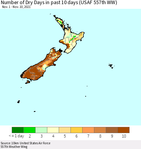 New Zealand Number of Dry Days in past 10 days (USAF 557th WW) Thematic Map For 11/6/2021 - 11/10/2021