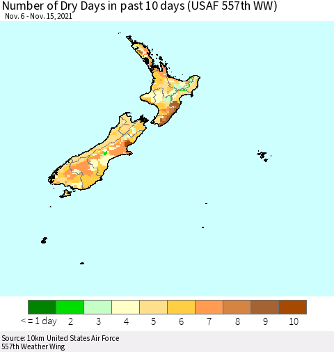 New Zealand Number of Dry Days in past 10 days (USAF 557th WW) Thematic Map For 11/11/2021 - 11/15/2021