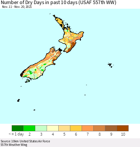 New Zealand Number of Dry Days in past 10 days (USAF 557th WW) Thematic Map For 11/16/2021 - 11/20/2021