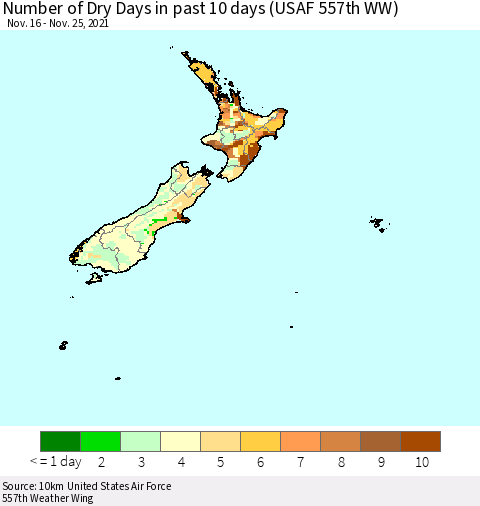 New Zealand Number of Dry Days in past 10 days (USAF 557th WW) Thematic Map For 11/21/2021 - 11/25/2021
