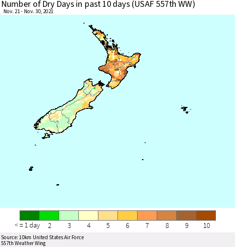 New Zealand Number of Dry Days in past 10 days (USAF 557th WW) Thematic Map For 11/26/2021 - 11/30/2021