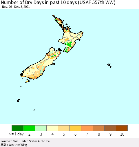 New Zealand Number of Dry Days in past 10 days (USAF 557th WW) Thematic Map For 12/1/2021 - 12/5/2021