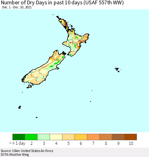 New Zealand Number of Dry Days in past 10 days (USAF 557th WW) Thematic Map For 12/6/2021 - 12/10/2021