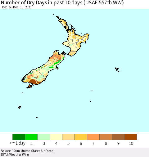 New Zealand Number of Dry Days in past 10 days (USAF 557th WW) Thematic Map For 12/11/2021 - 12/15/2021