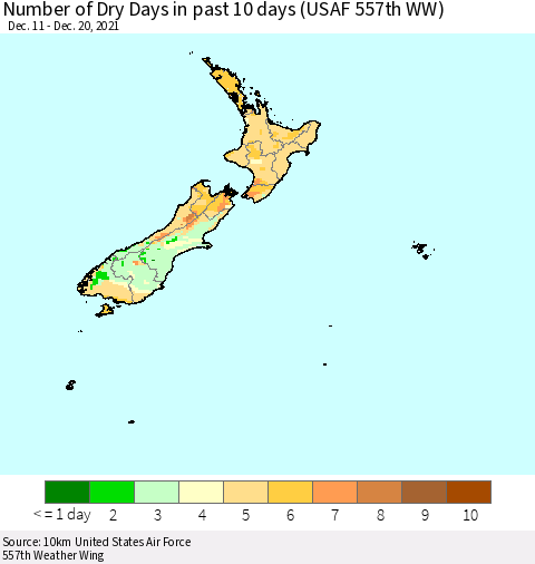 New Zealand Number of Dry Days in past 10 days (USAF 557th WW) Thematic Map For 12/16/2021 - 12/20/2021