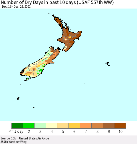 New Zealand Number of Dry Days in past 10 days (USAF 557th WW) Thematic Map For 12/21/2021 - 12/25/2021