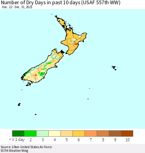New Zealand Number of Dry Days in past 10 days (USAF 557th WW) Thematic Map For 12/26/2021 - 12/31/2021
