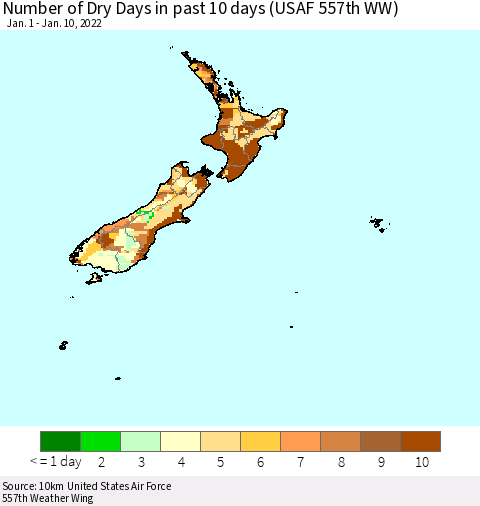 New Zealand Number of Dry Days in past 10 days (USAF 557th WW) Thematic Map For 1/6/2022 - 1/10/2022
