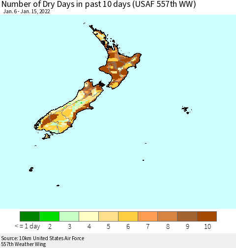 New Zealand Number of Dry Days in past 10 days (USAF 557th WW) Thematic Map For 1/11/2022 - 1/15/2022