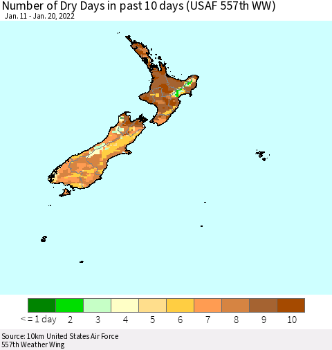 New Zealand Number of Dry Days in past 10 days (USAF 557th WW) Thematic Map For 1/16/2022 - 1/20/2022