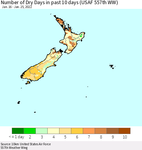 New Zealand Number of Dry Days in past 10 days (USAF 557th WW) Thematic Map For 1/21/2022 - 1/25/2022