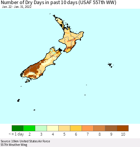 New Zealand Number of Dry Days in past 10 days (USAF 557th WW) Thematic Map For 1/26/2022 - 1/31/2022