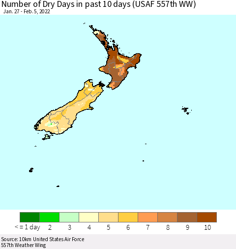 New Zealand Number of Dry Days in past 10 days (USAF 557th WW) Thematic Map For 2/1/2022 - 2/5/2022