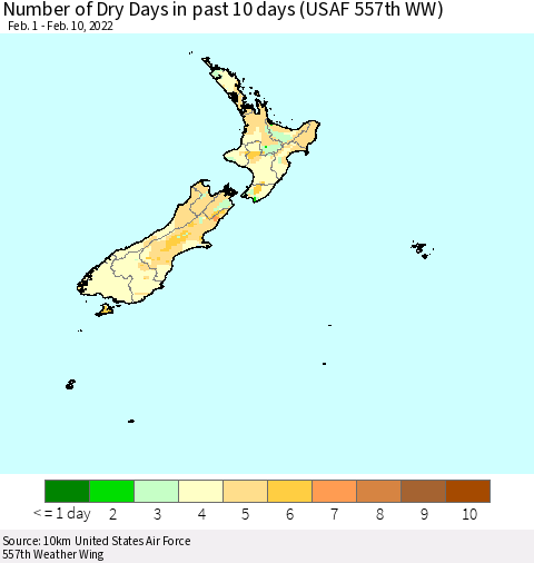 New Zealand Number of Dry Days in past 10 days (USAF 557th WW) Thematic Map For 2/6/2022 - 2/10/2022