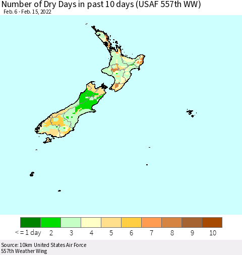 New Zealand Number of Dry Days in past 10 days (USAF 557th WW) Thematic Map For 2/11/2022 - 2/15/2022