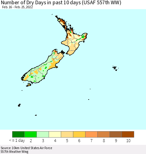 New Zealand Number of Dry Days in past 10 days (USAF 557th WW) Thematic Map For 2/21/2022 - 2/25/2022