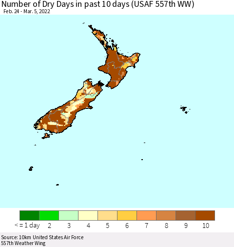 New Zealand Number of Dry Days in past 10 days (USAF 557th WW) Thematic Map For 3/1/2022 - 3/5/2022