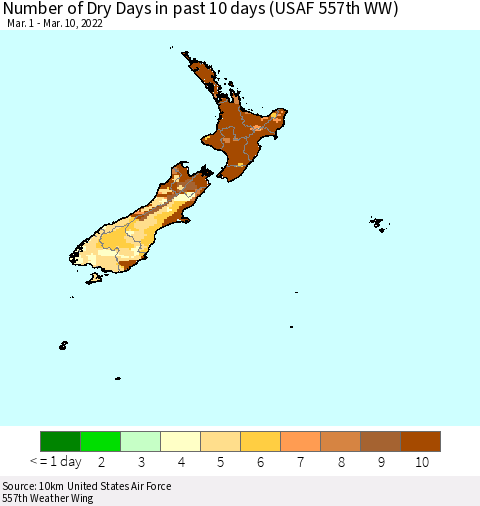 New Zealand Number of Dry Days in past 10 days (USAF 557th WW) Thematic Map For 3/6/2022 - 3/10/2022