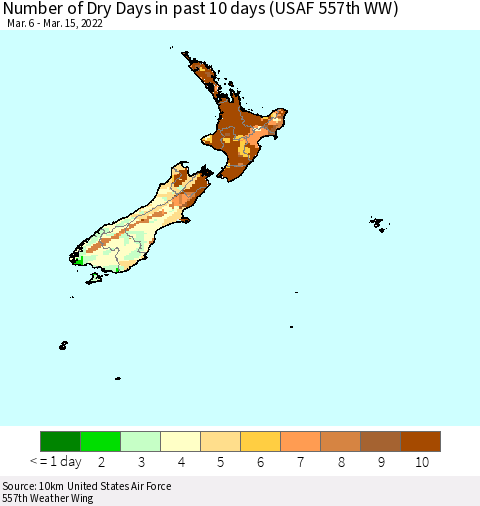 New Zealand Number of Dry Days in past 10 days (USAF 557th WW) Thematic Map For 3/11/2022 - 3/15/2022