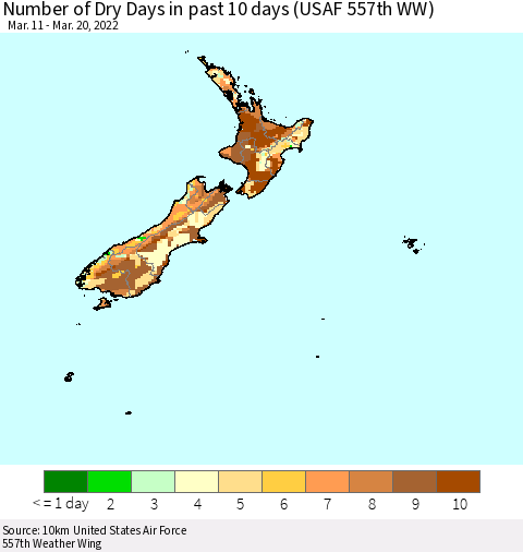 New Zealand Number of Dry Days in past 10 days (USAF 557th WW) Thematic Map For 3/16/2022 - 3/20/2022