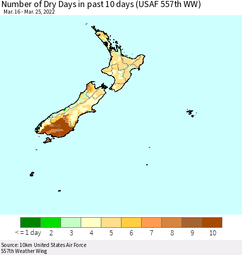 New Zealand Number of Dry Days in past 10 days (USAF 557th WW) Thematic Map For 3/21/2022 - 3/25/2022