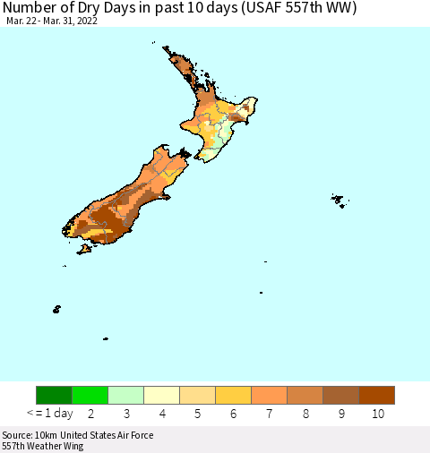 New Zealand Number of Dry Days in past 10 days (USAF 557th WW) Thematic Map For 3/26/2022 - 3/31/2022