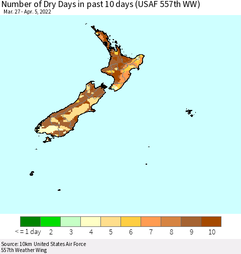 New Zealand Number of Dry Days in past 10 days (USAF 557th WW) Thematic Map For 4/1/2022 - 4/5/2022