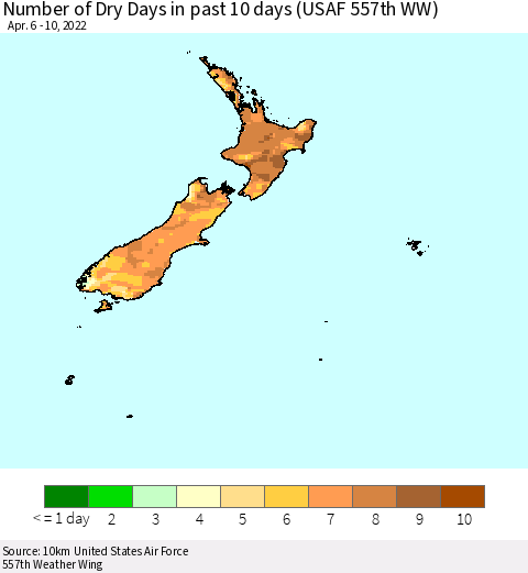 New Zealand Number of Dry Days in past 10 days (USAF 557th WW) Thematic Map For 4/6/2022 - 4/10/2022