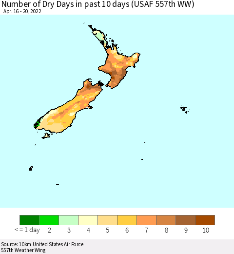New Zealand Number of Dry Days in past 10 days (USAF 557th WW) Thematic Map For 4/16/2022 - 4/20/2022